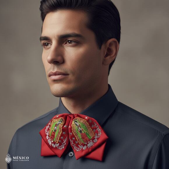 Red Mexican Embroidered Charro Moño – Traditional Satin Mariachi Bow Tie - Picture 2 of 6